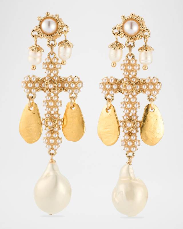 White Pearl Gold Leaf Cross Post Earrings
